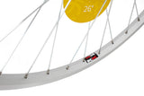 KX MTB 26-inch front wheel with single-wall rim, solid axle, 36-hole, suitable for mountain biking components.