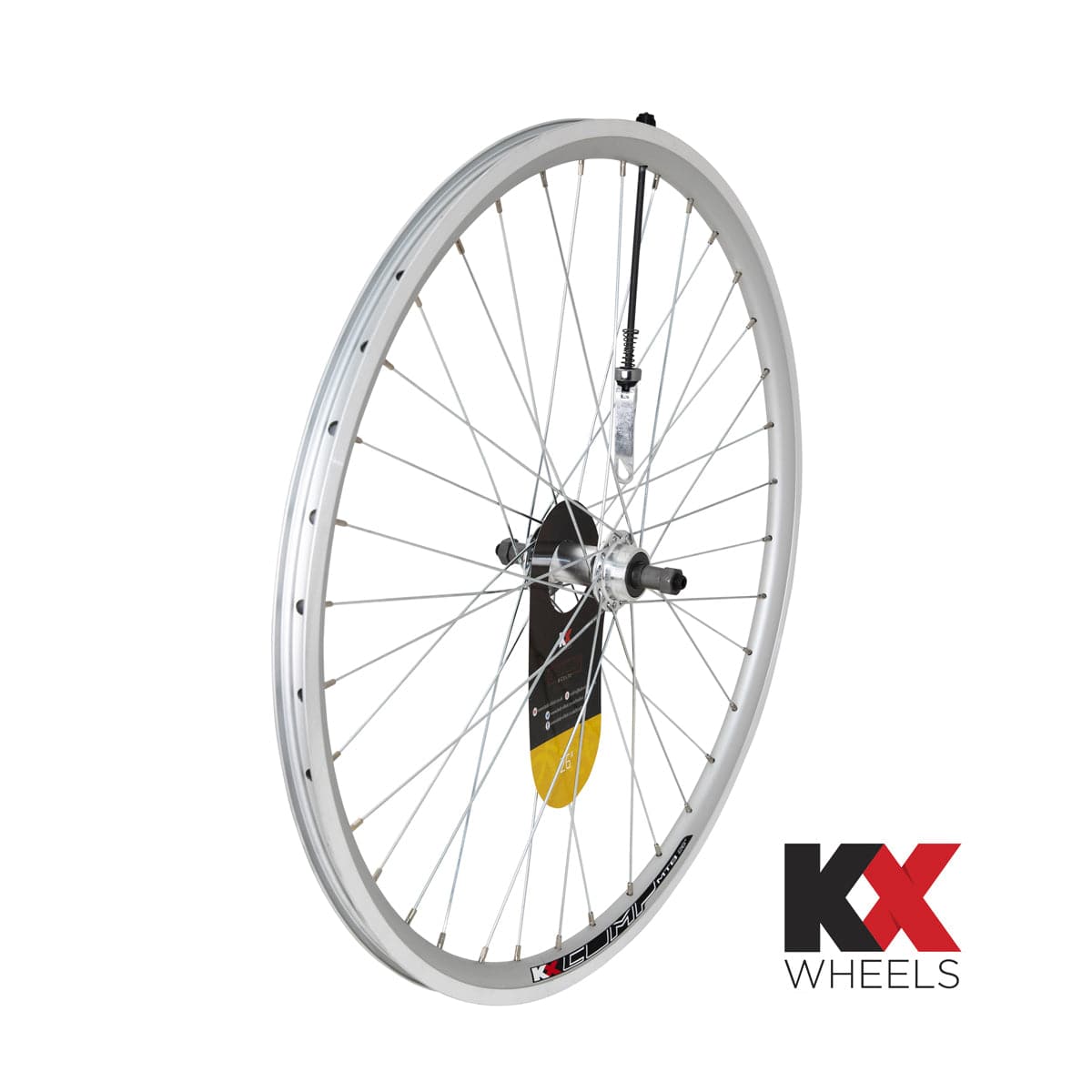 KX MTB 26-inch rear wheel with double-wall rim, quick release, screw-on freewheel, designed for mountain biking components.