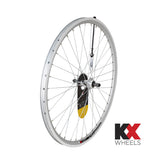 KX MTB 26-inch rear wheel with double-wall rim, quick release, screw-on freewheel, designed for mountain biking components.