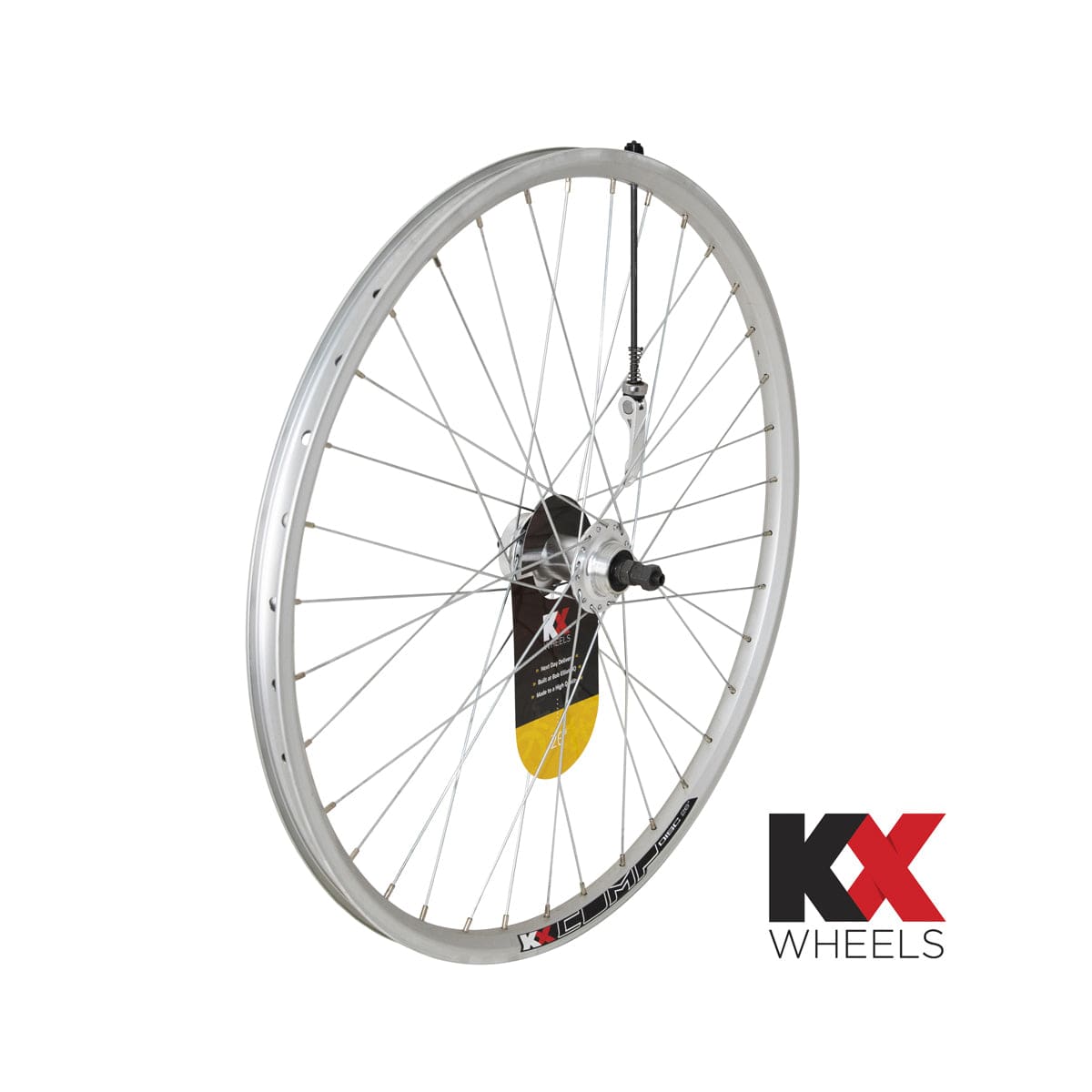 KX MTB 26-inch rear wheel with double-wall rim, quick release, screw-on disc brake hub, designed for mountain biking.