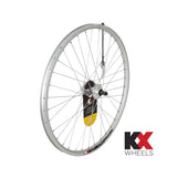 KX MTB 26-inch rear wheel with double-wall rim, quick release, screw-on disc brake hub, designed for mountain biking.