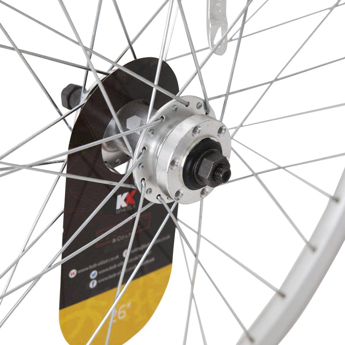 KX Wheels MTB 26-inch rear wheel with double-wall rim, quick-release, screw-on disc brake hub, and black components