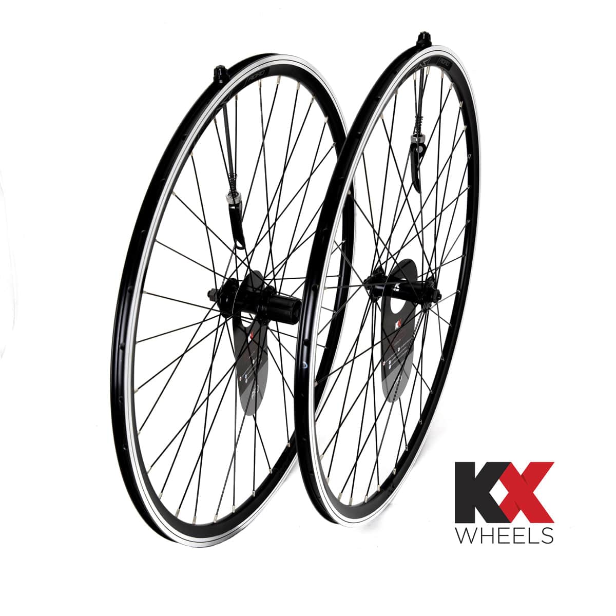 KX Wheels KX Pro Road 700C Q/R sealed bearing wheels with black rims, suitable for 8-10 speed rim brake bikes.