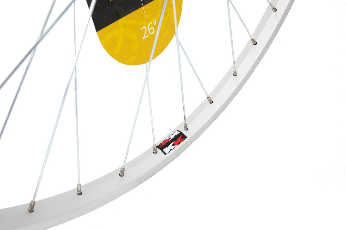KX MTB 26-inch front wheel with single-wall rim, quick release, 36-hole hub, designed for mountain biking components.