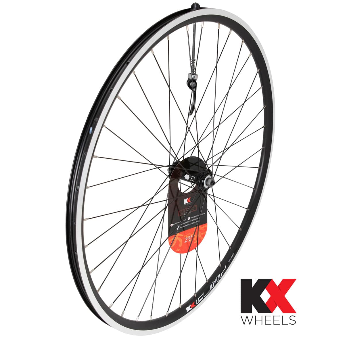 KX MTB 29-inch front wheel with double-wall rim, quick release, 36H black spokes, designed for mountain biking components.