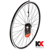 KX MTB 29-inch front wheel with double-wall rim, quick release, 36H black spokes, designed for mountain biking components.