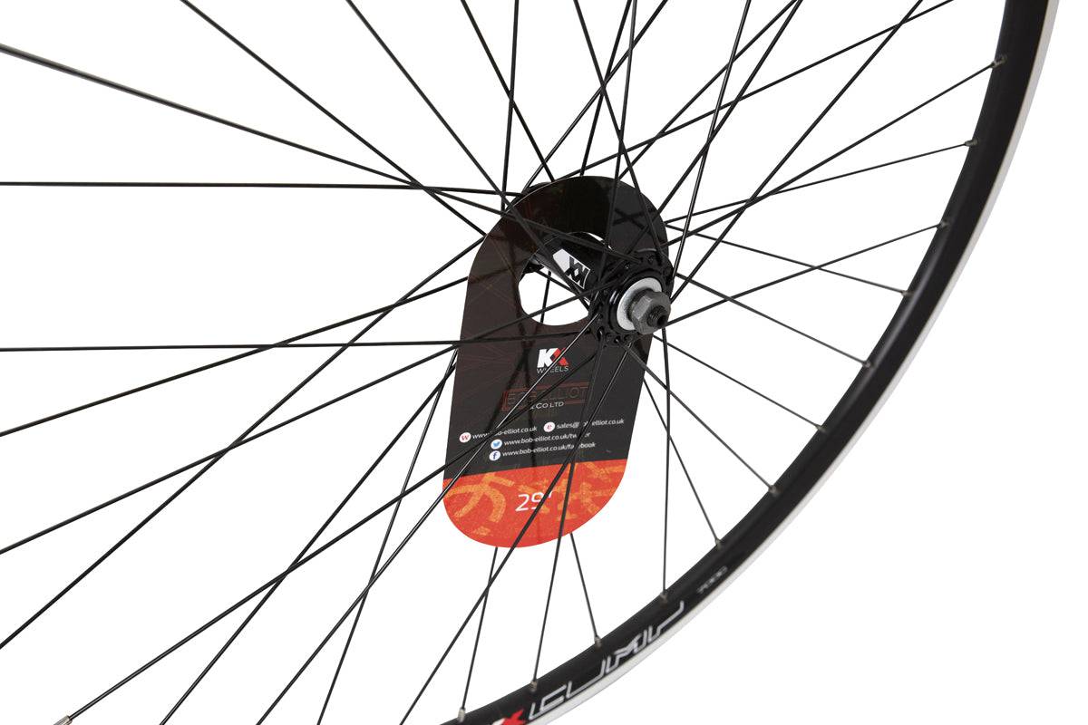 KX MTB 29-inch front wheel with double-wall rim, quick release, 36 spokes, black finish for mountain biking components.