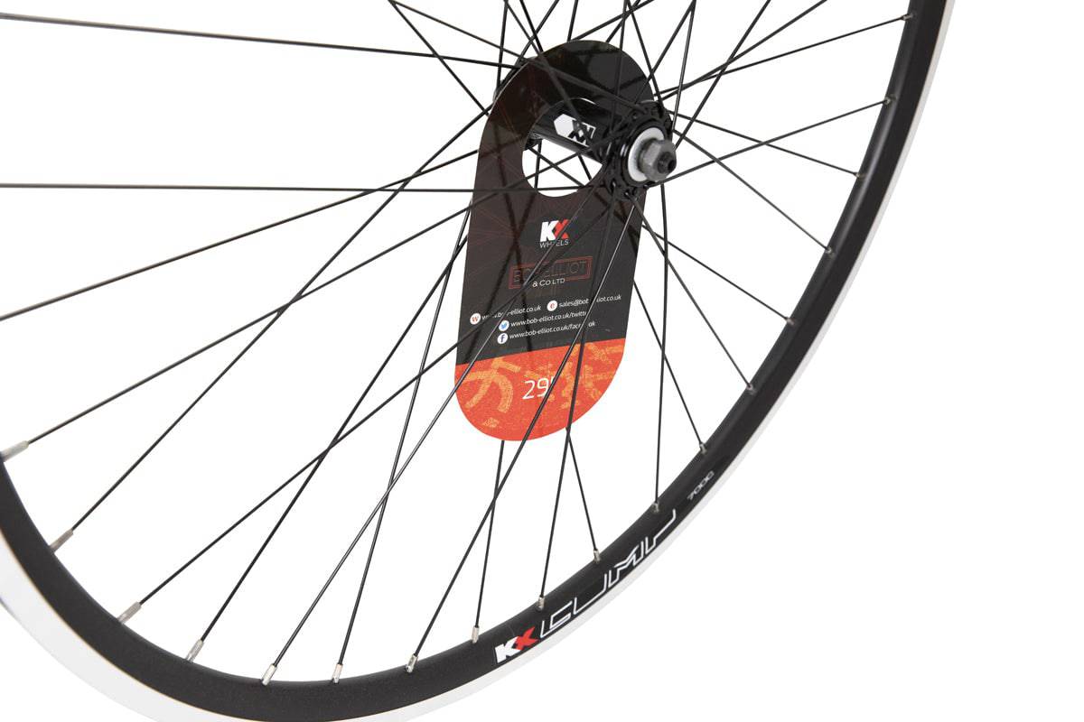 KX MTB 29" front wheel with double-wall rim, quick release, 36H black spokes, designed for 29-inch mountain bikes.