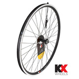 KX Wheels MTB 26-inch front wheel with double-wall rim, 100mm quick release, 36H hub, suitable for mountain biking components.