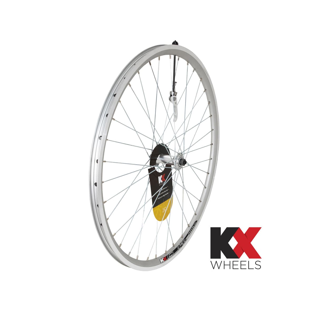 KX MTB 26-inch front wheel with double-wall rim, quick release, 36H hub, designed for mountain biking components.
