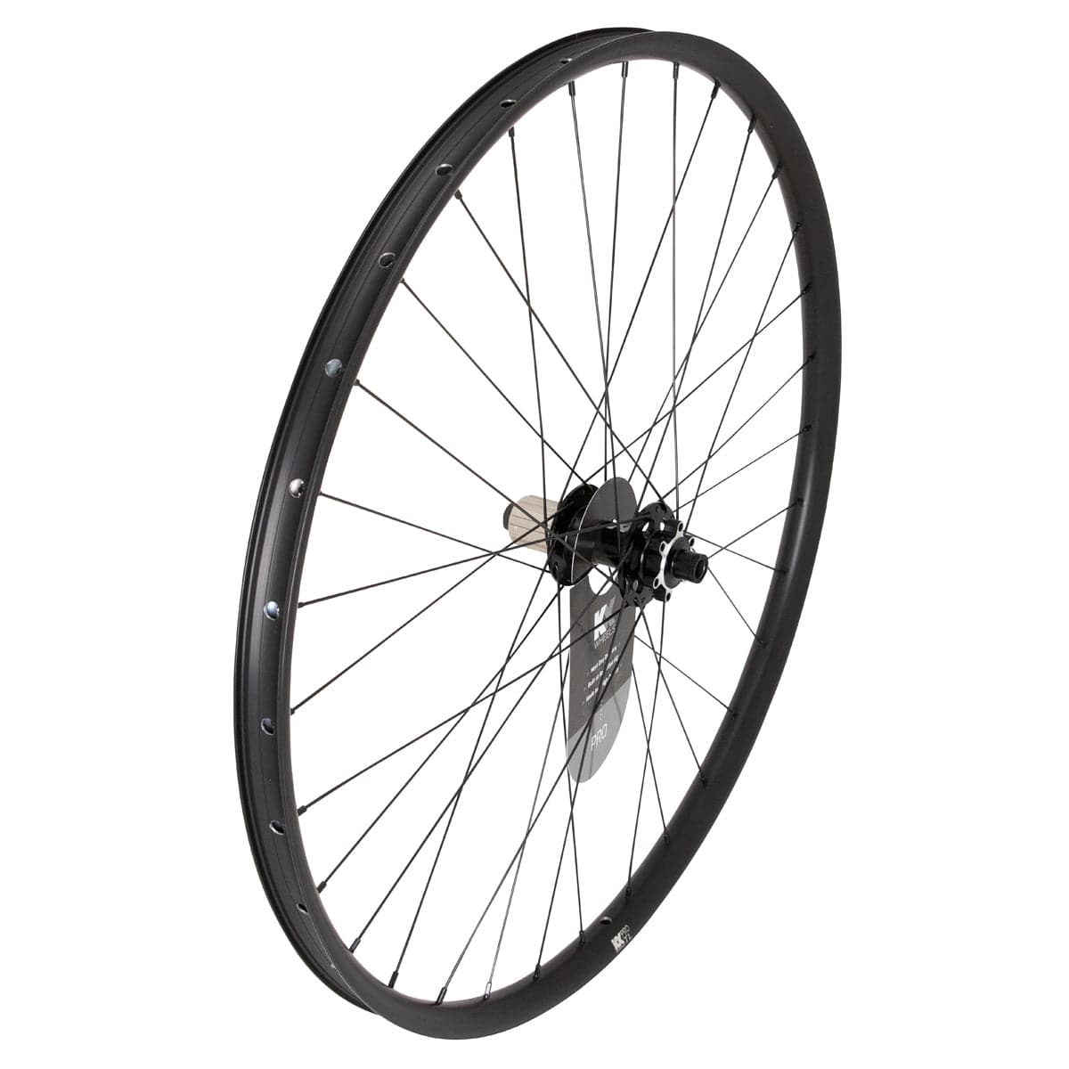 KX Wheels 29-inch MTB tubeless disc wheelset with 32 spokes, black finish, includes thru axle for mountain biking components.
