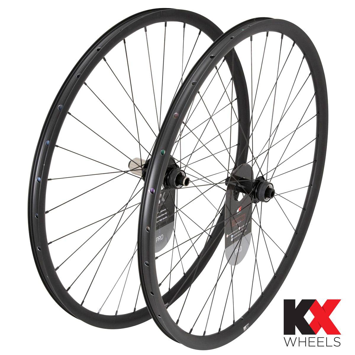 KX Pro 700c gravel tubeless disc thru axle wheels in black, durable off-road wheelset for gravel bikes, component by KX Wheels