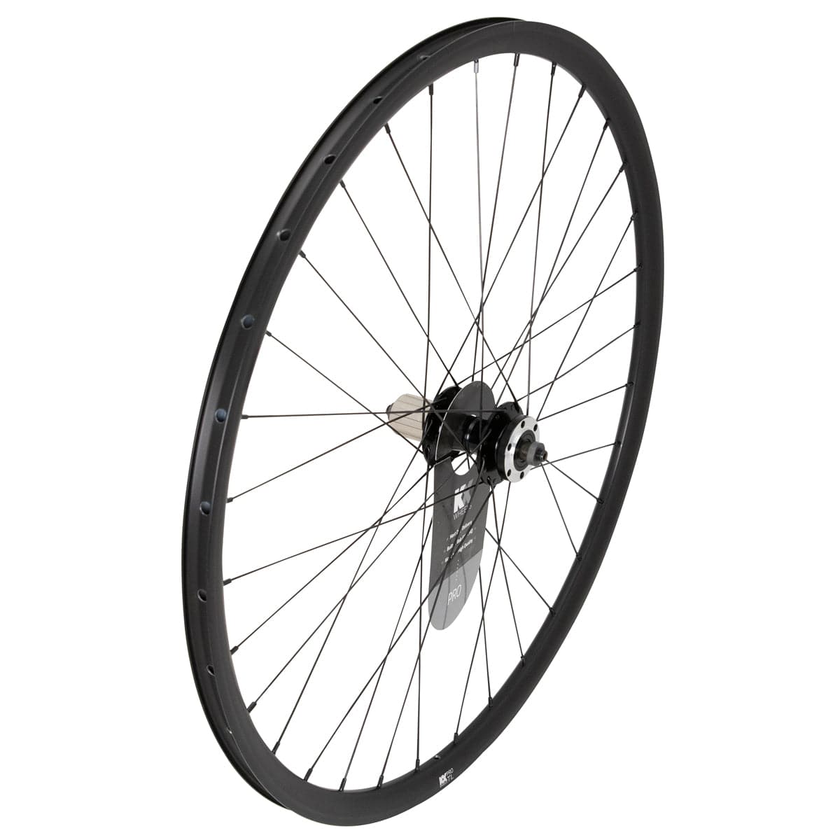 KX Wheels KX Pro Road Disc Tubeless Quick Release 700c wheels in black with accessories, showing the wheel and components.