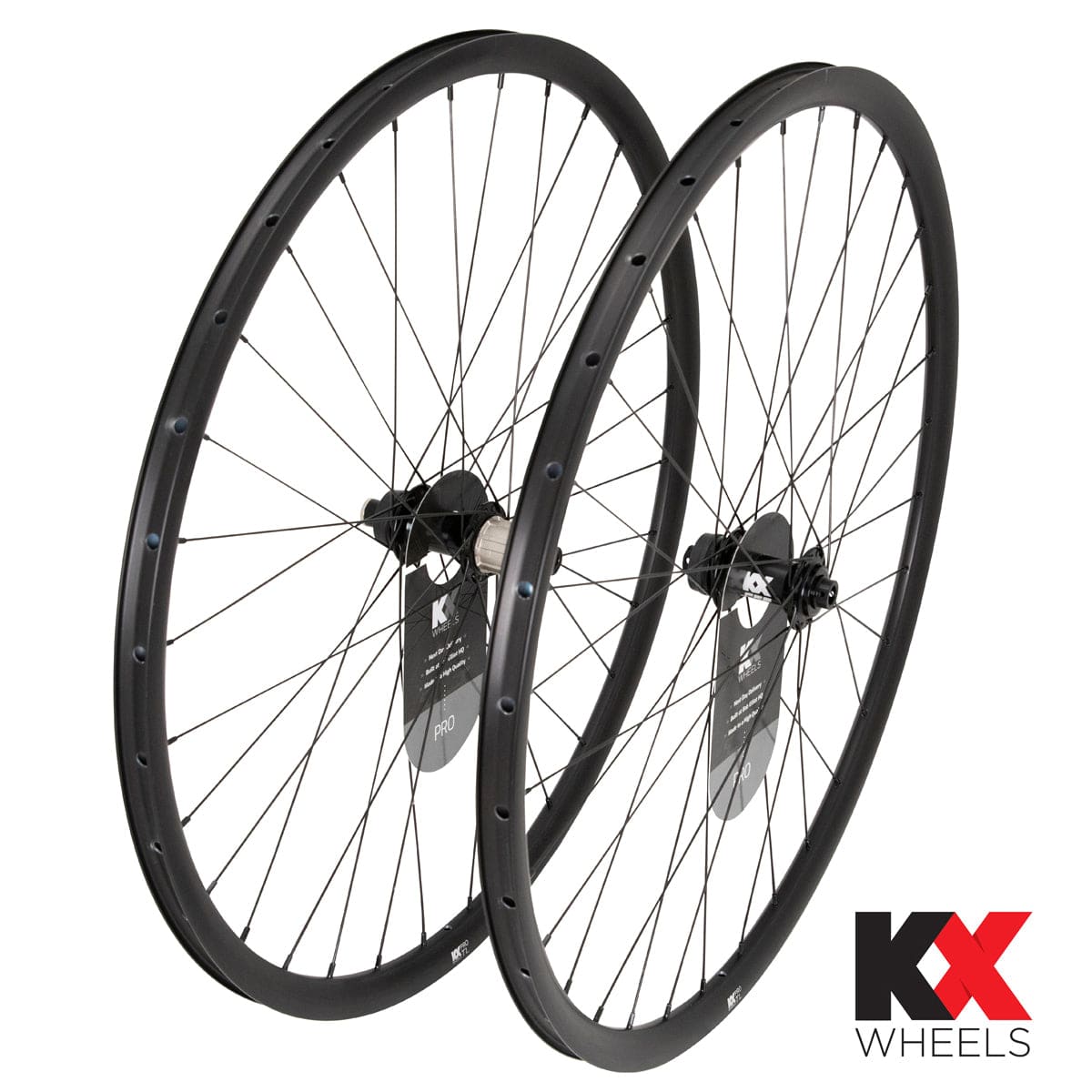 Black KX Pro Road Disc Tubeless Thru Axle Wheels 700c road bike wheelset with aerodynamic spokes and disc brake compatibility.