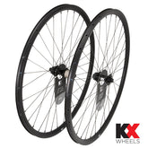 Black KX Pro Road Disc Tubeless Thru Axle Wheels 700c road bike wheelset with aerodynamic spokes and disc brake compatibility.