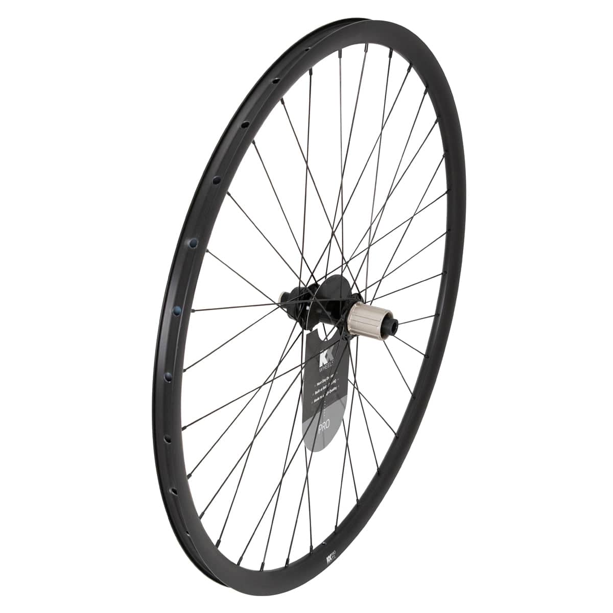Black KX Pro Road Disc Tubeless Thru Axle Wheelset for 700c road bikes, featuring lightweight, durable components from KX Wheels.