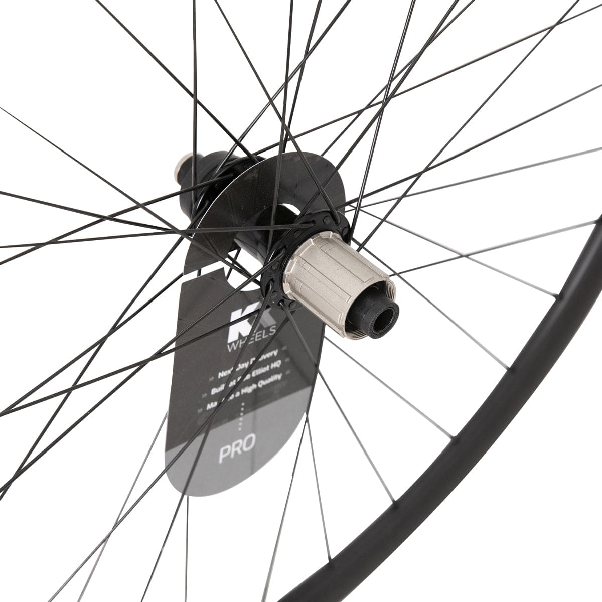 KX Wheels KX Pro Road Disc Tubeless Thru Axle Wheelset in black with 700c road bike wheels, featuring disc brake compatibility.