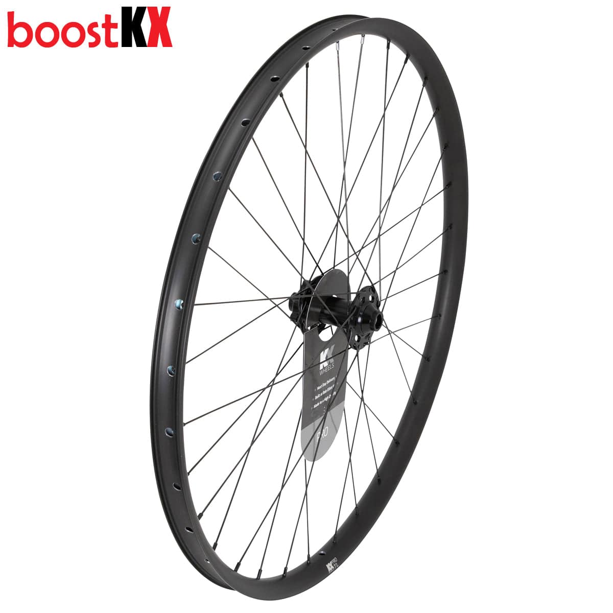 KX Wheels KX Pro 27.5-inch MTB boost tubeless disc wheelset with rim tape and valves, black, for mountain biking components.