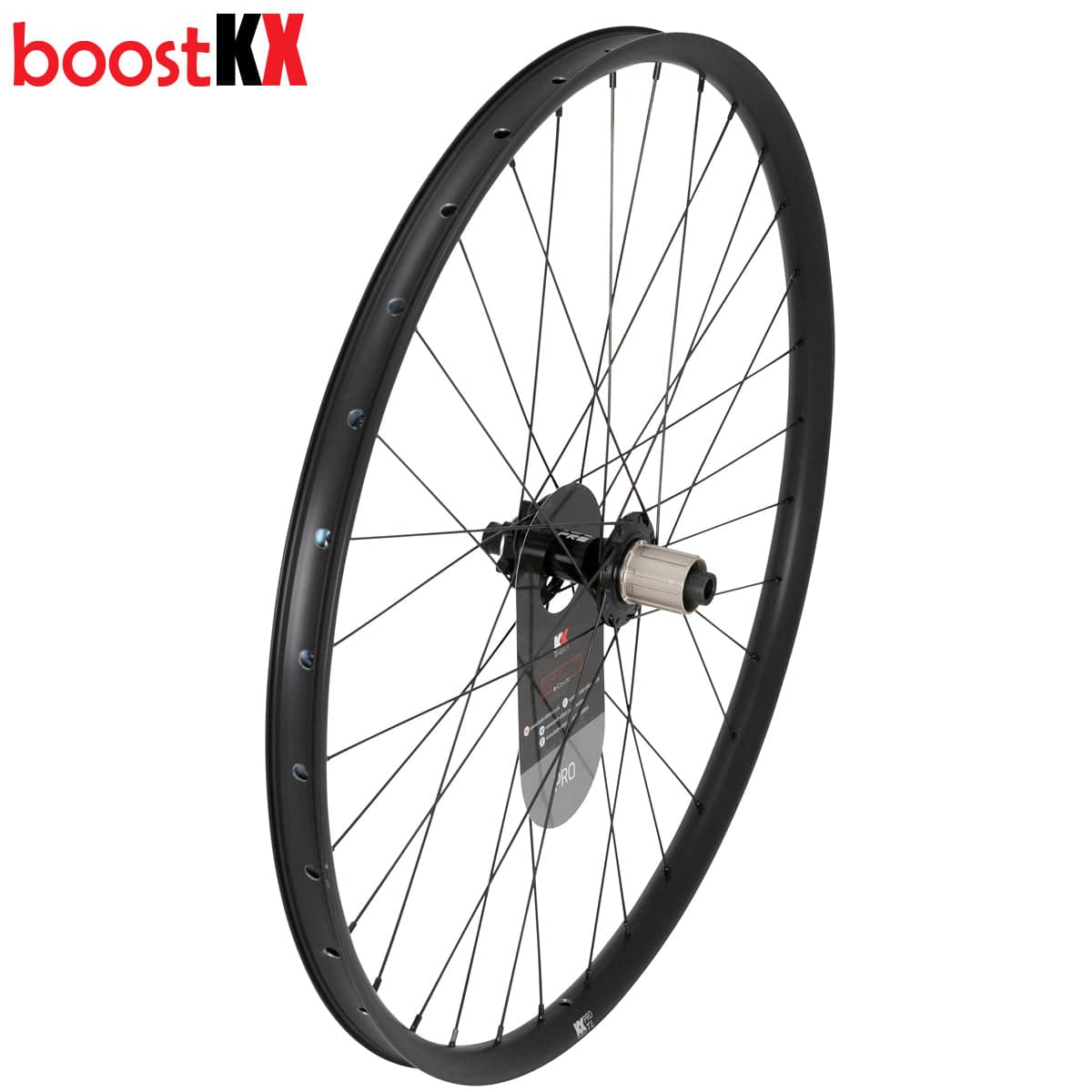 KX Wheels 27.5-inch MTB boost tubeless disc wheelset with rim tape and valves in black, showcasing the lightweight component design.