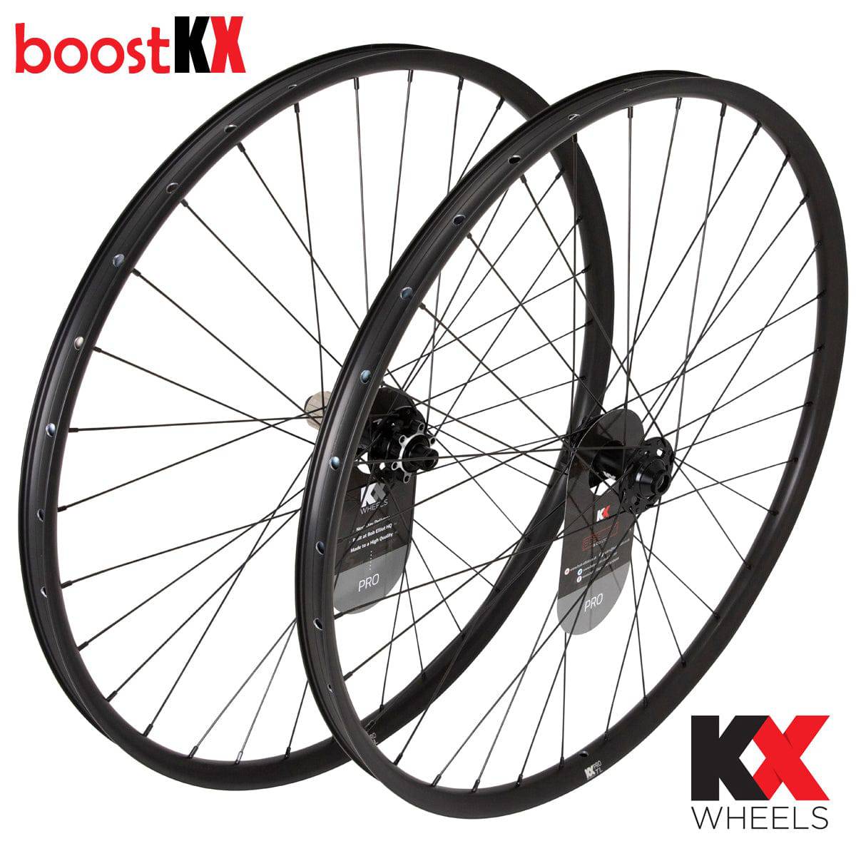 KX Pro 29-inch MTB boost wheels with tubeless-ready design, black disc mountain bike wheels featuring thru axle compatibility.