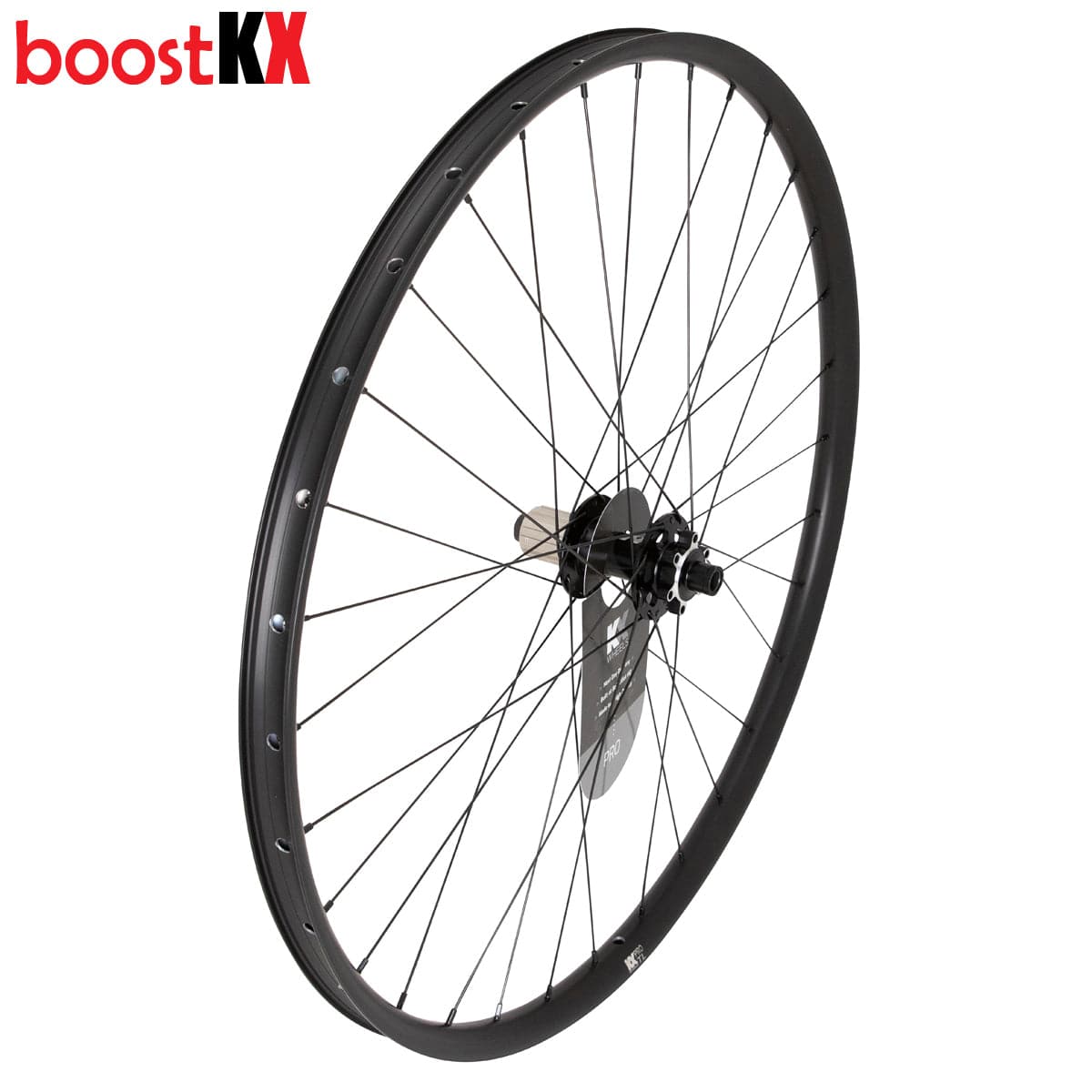 KX Pro 29-inch MTB boost wheels with tubeless-ready rims and disc brake compatibility, black mountain bike components.
