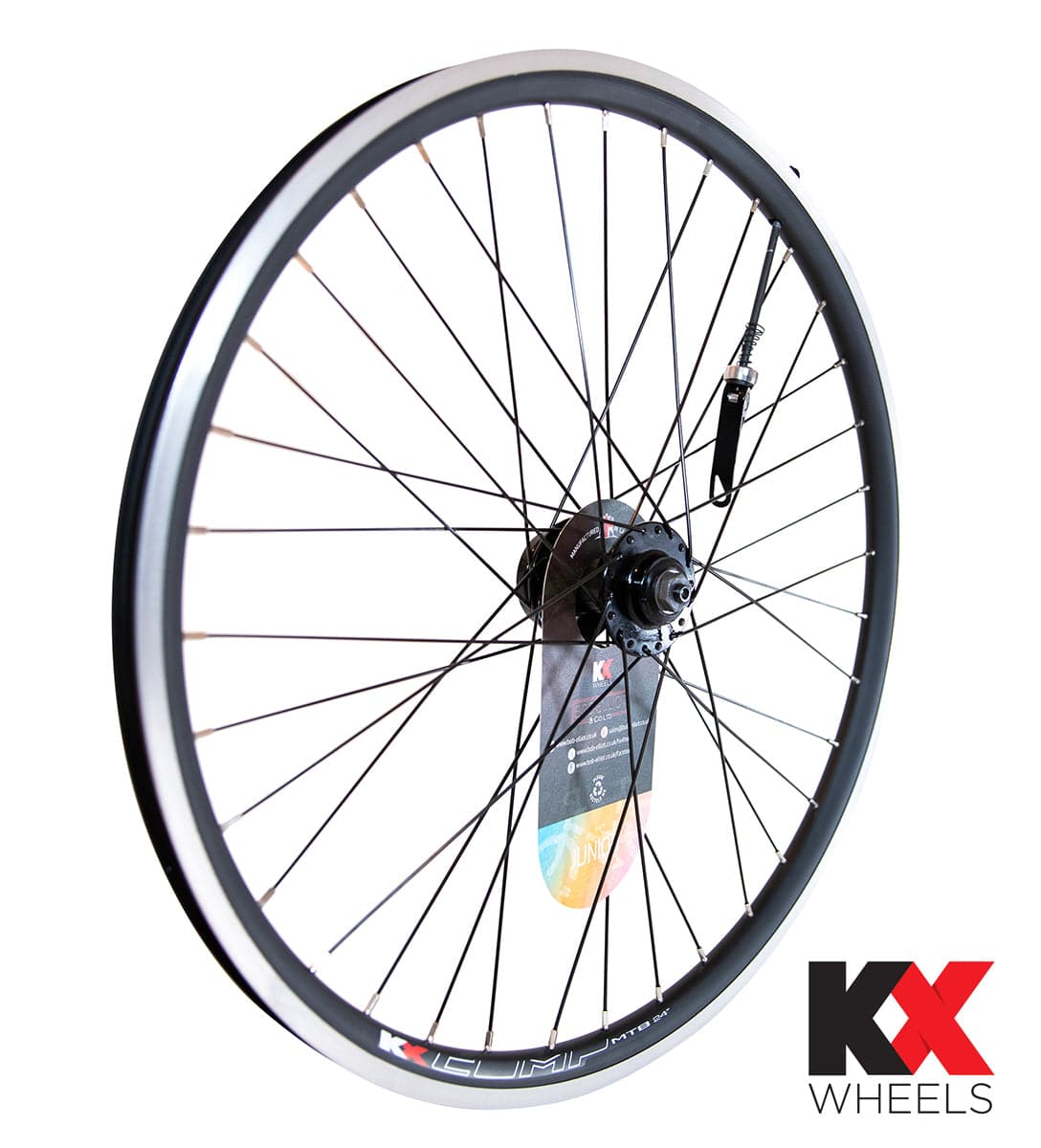 Black KX Wheels 24-inch double-wall front wheel with quick-release axle for rim brake bikes, suitable for KX Junior models.