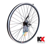 KX Junior 24-inch double-wall rear wheel with quick-release axle for rim brakes, black, suitable for bicycles.