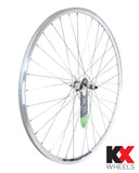 KX Wheels Eco FXD 700c silver fixie front wheel for road and track bikes, showcasing durable metal rim and spokes.