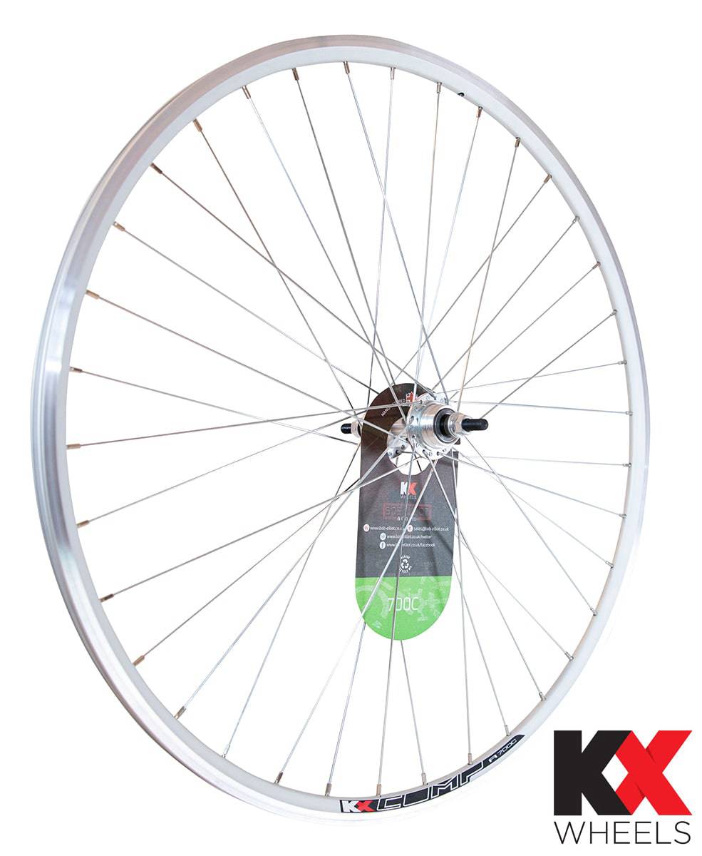 Silver KX Eco FXD 700c rear fixie wheel with flip-flop hub for road and track bikes, featuring durable components by KX Wheels.