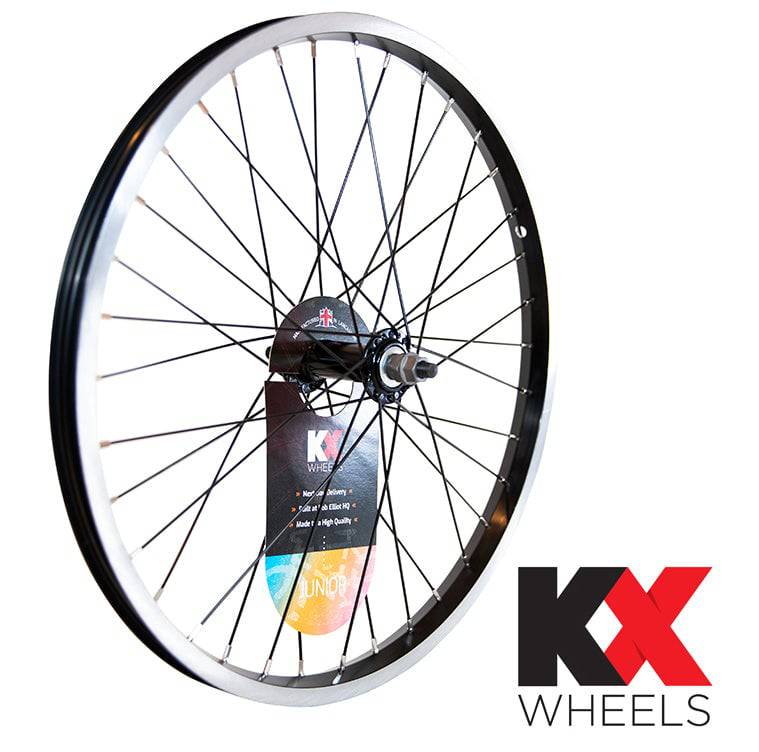 KX Wheels KX Junior 20-inch single-wall solid axle front wheel with black rim and rim brake for bike components.