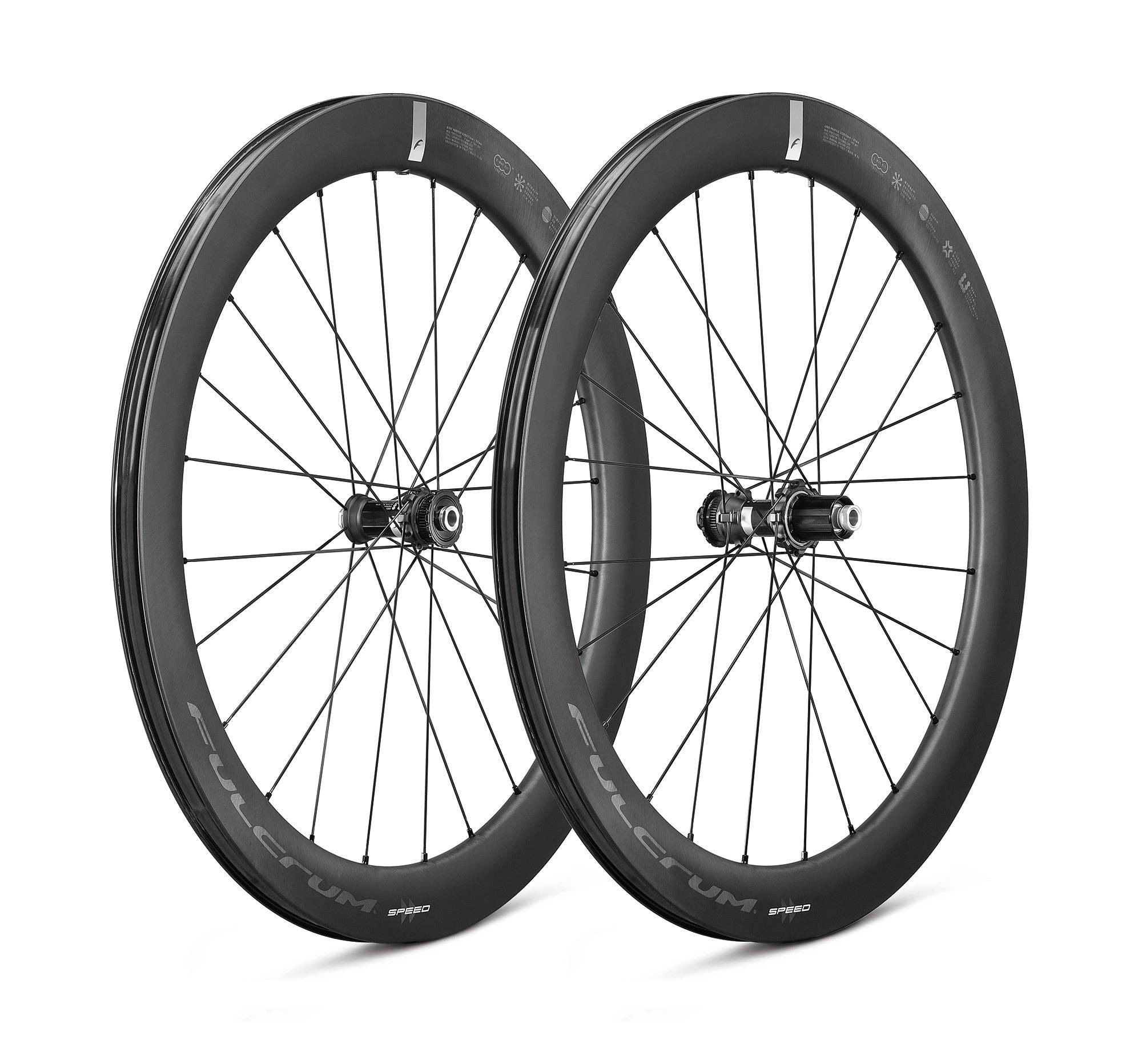 Fulcrum Speed 57 Carbon tubeless disc brake road wheelset with Shimano HG11 freehub, lightweight aerodynamic cycling components.