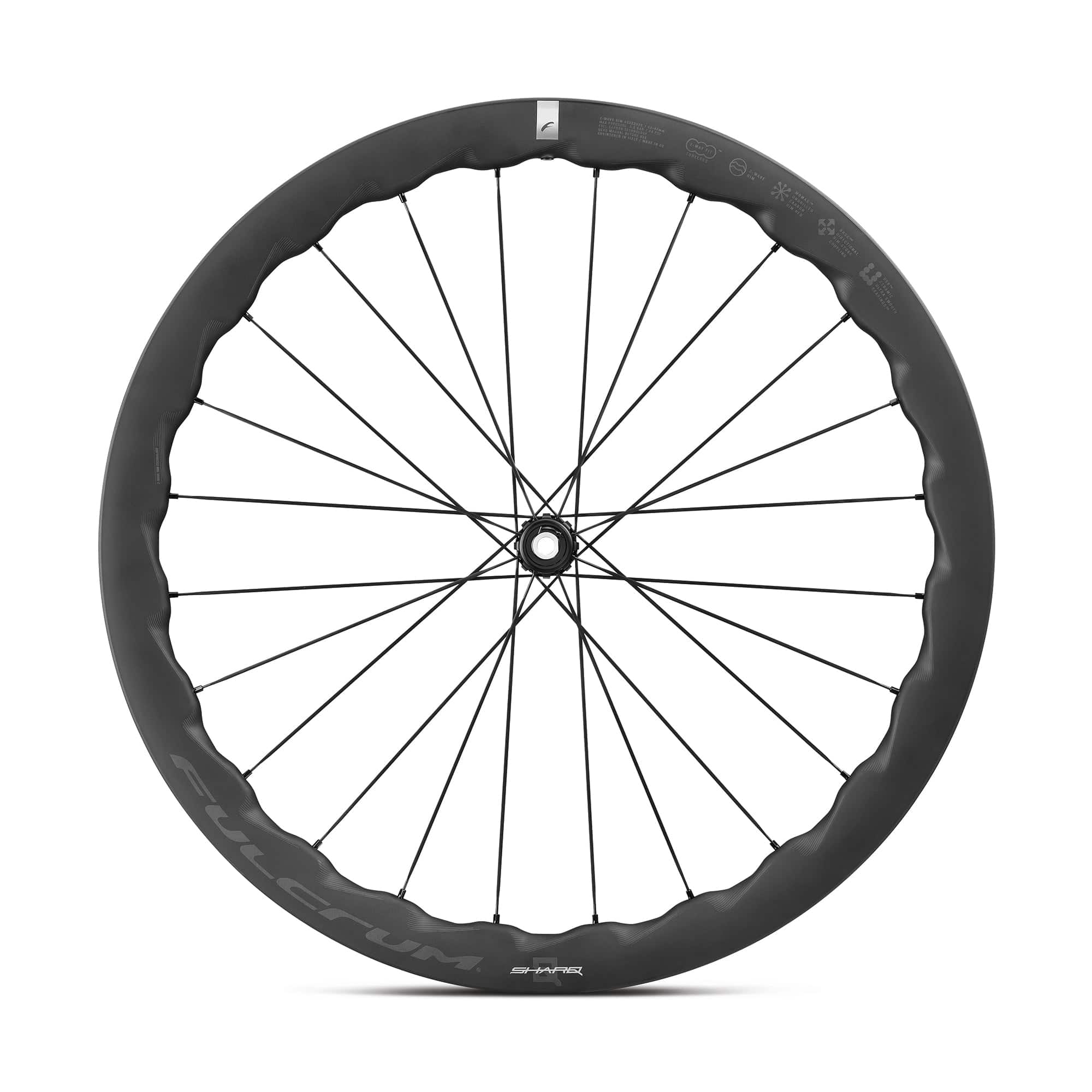 Fulcrum Sharq 42 Carbon Tubeless Disc Brake Road Wheelset with Shimano HG11 compatibility, featuring lightweight design and aerodynamic spokes.