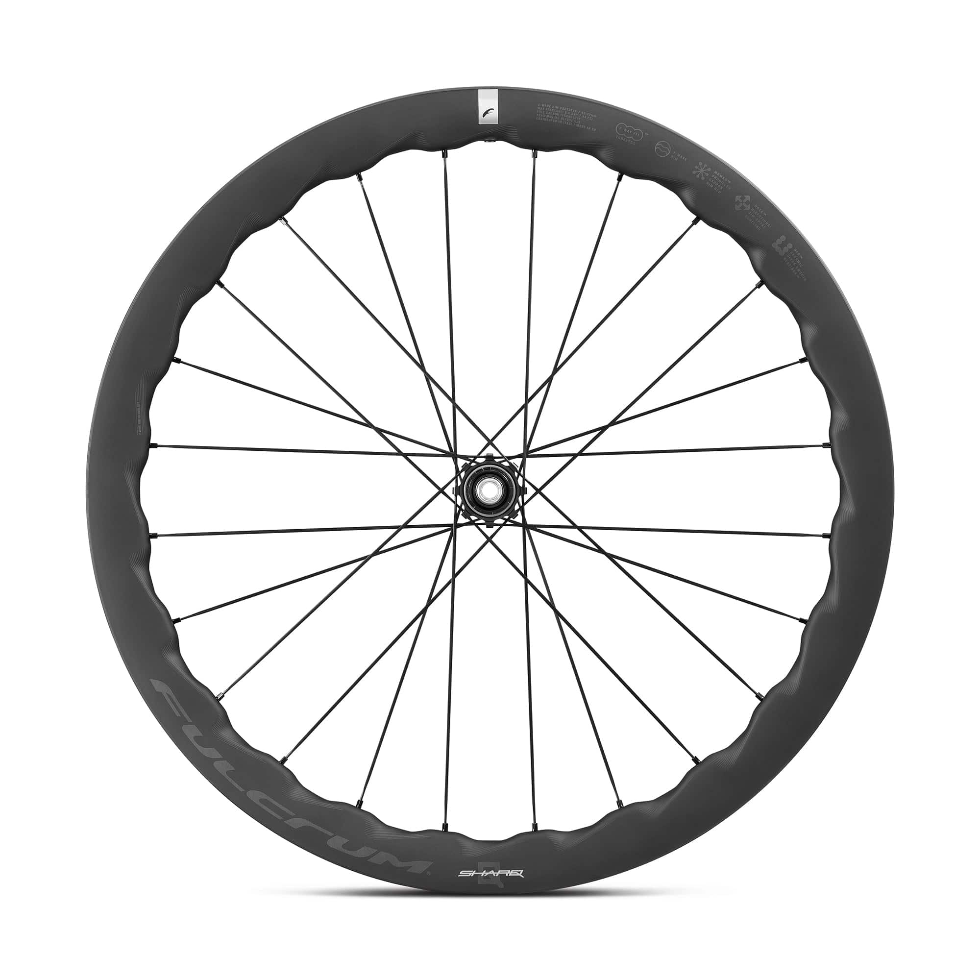 Fulcrum Sharq 42 Carbon Tubeless Disc Brake Road Wheelset with Shimano HG11 compatibility, featuring lightweight aerodynamic design.