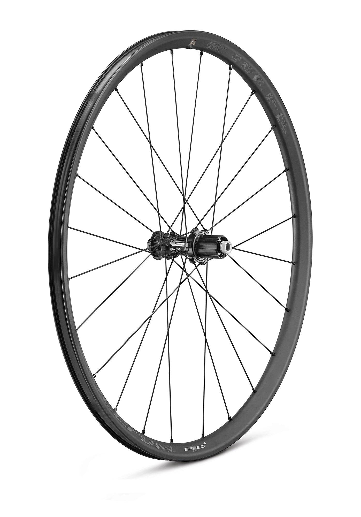 Fulcrum Speed 25+ carbon road wheelset with Shimano HG11 tubeless disc brakes, lightweight components for high-performance cycling.