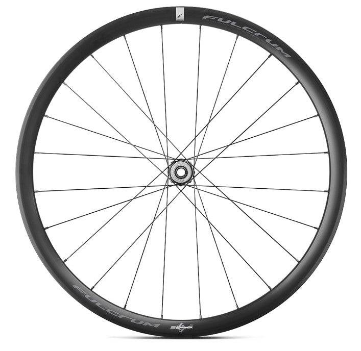Fulcrum Soniq AL alloy Campagnolo tubeless disc brake road bike wheelset with aerodynamic spokes and durable rim.