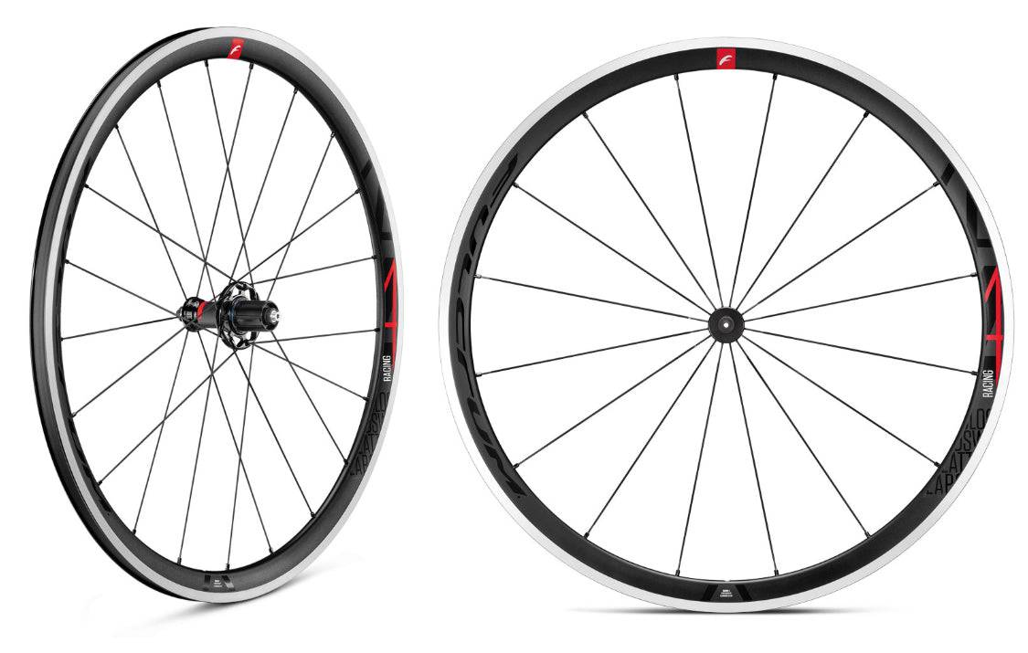 Fulcrum Racing 4 Alloy Campagnolo tube-type quick release road wheelset with 35mm rim, showing the lightweight alloy wheels.