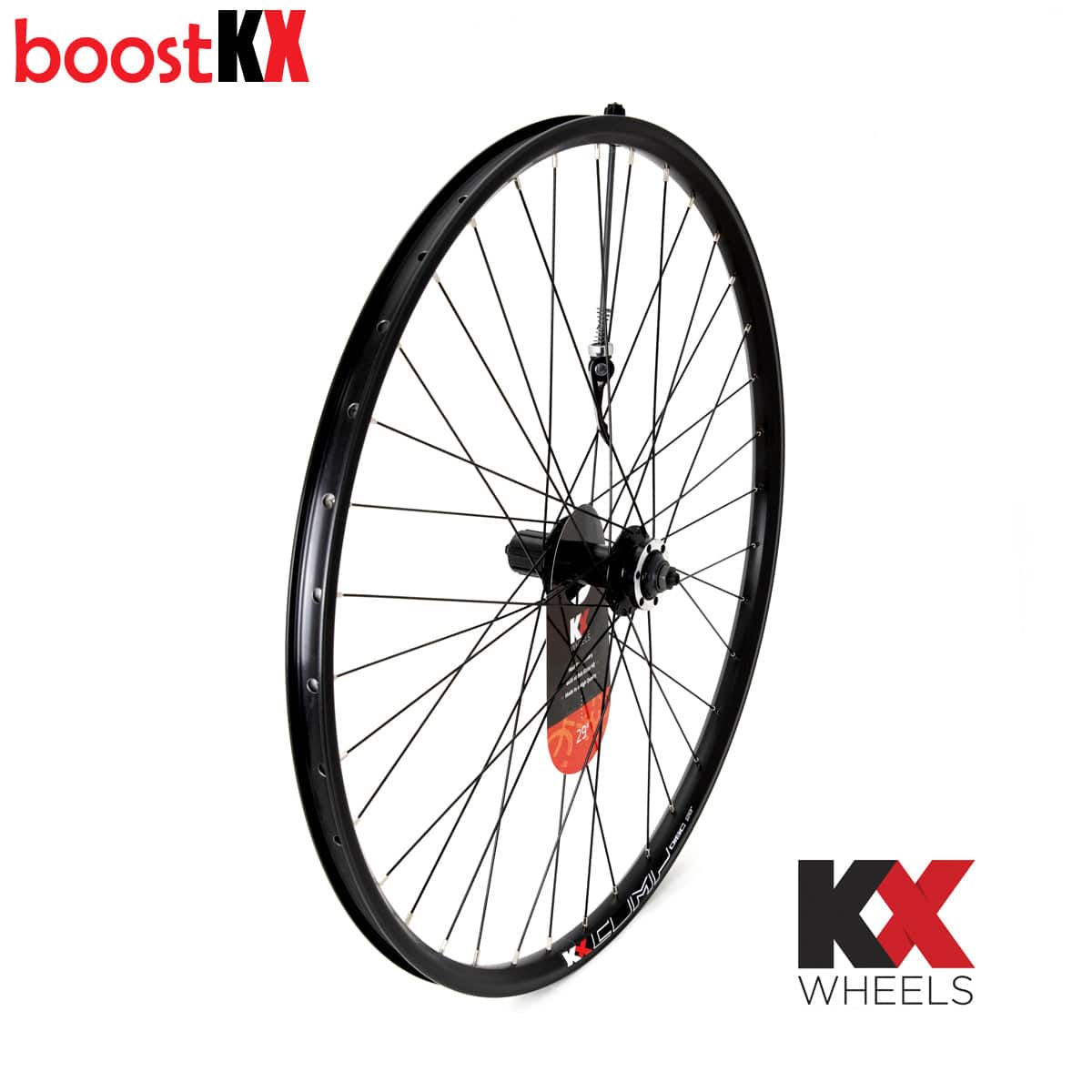 KX Wheels MTB 29-inch double-wall rear disc brake wheel with quick-release boost hub, black finish, 141mm axle spacing