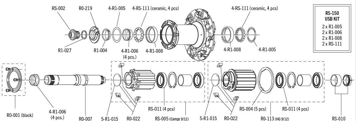 Fulcrum USB RS-150 Hub Kit for bicycle wheels, showing the components designed for reliable wheel performance and smooth rotation.