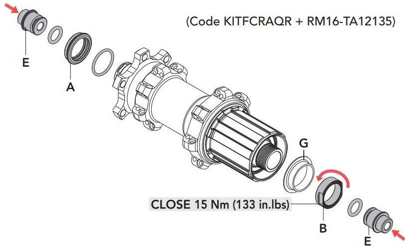 Fulcrum Wheels Option Kit 142/135 HH12 hub replacement for bicycle wheel components, shown with hub parts and tools.