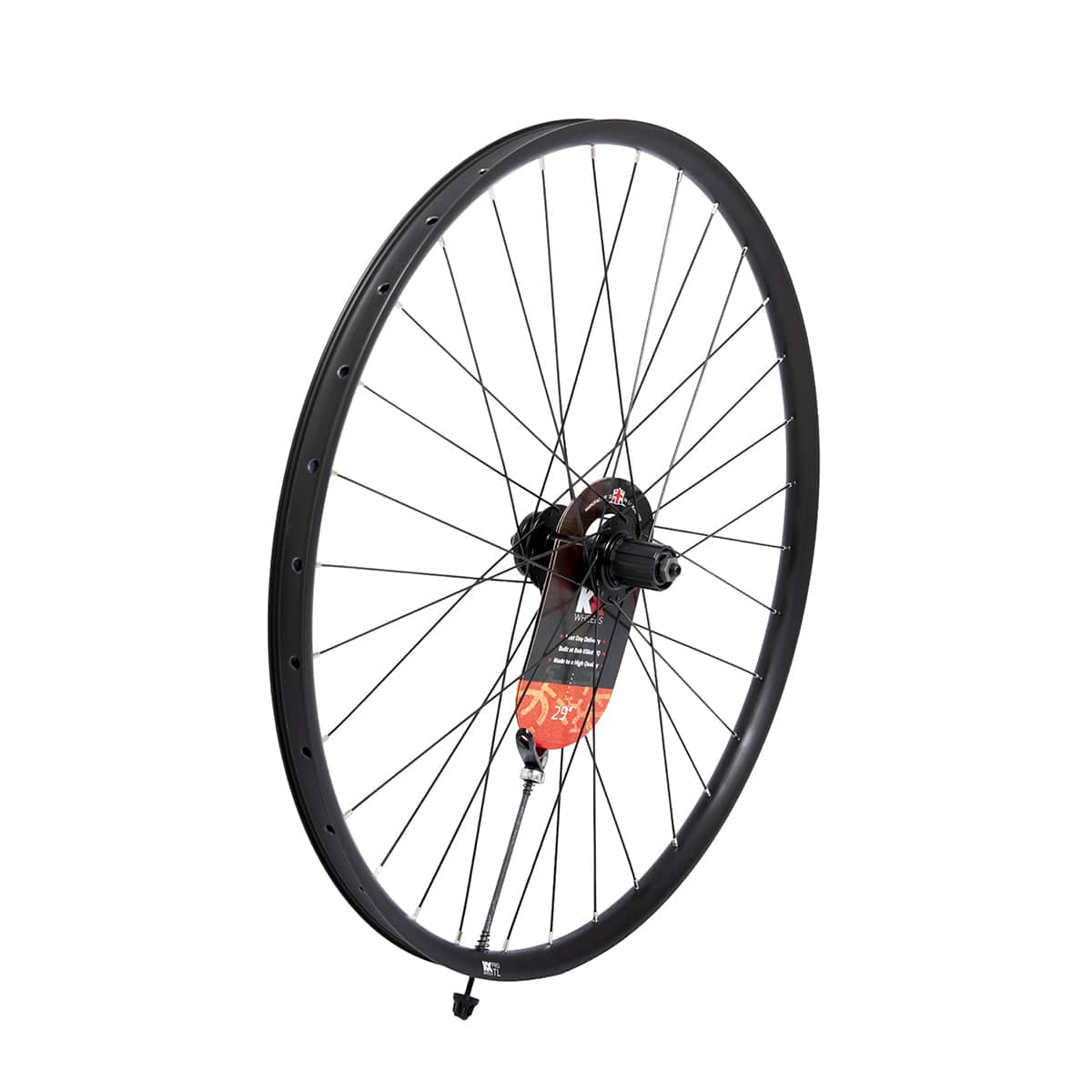Black KX MTB 29-inch double-wall rear wheel with tubeless cassette and disc brake, featuring Q/R boost 141mm axle.