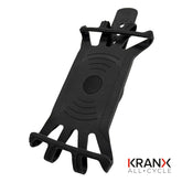 KranX universal silicone smartphone holder with 360° rotation, designed for bikes and desks, showing secure phone grip and adjustable angle.