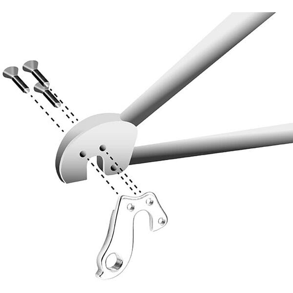 M Part gear hanger for Bergamont bikes, durable replacement component, shown attached to bike drivetrain in close-up view.