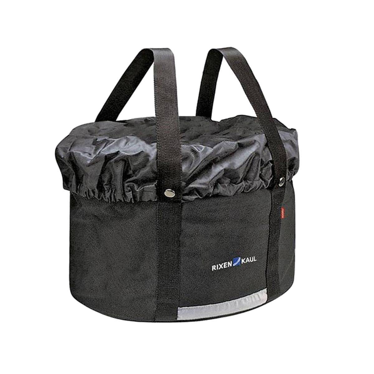 Rixen-Kaul Shopper Plus 24L handlebar bag in black with rain cover and reflector, designed for bicycle accessories.
