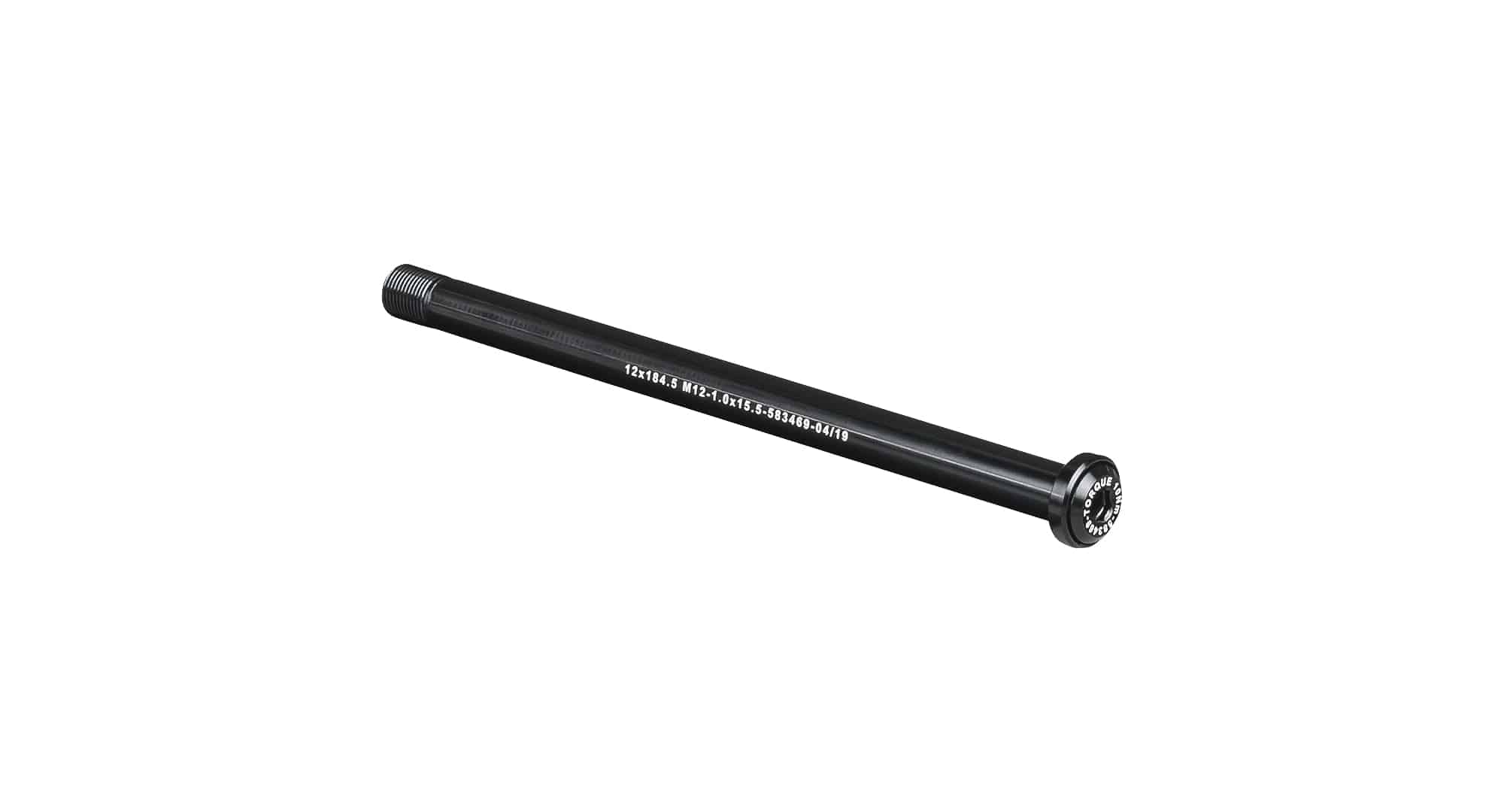 Bontrager Switch Lever Rear Thru-Axle 184mm black for bicycle components, compatible with 6mm hex key, shown in image.
