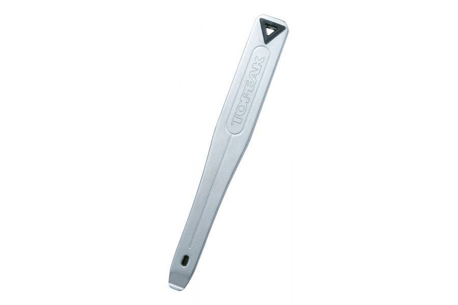 Topeak Supersteel bike tyre levers in silver with ergonomic handle, durable tool for bike workshop maintenance.