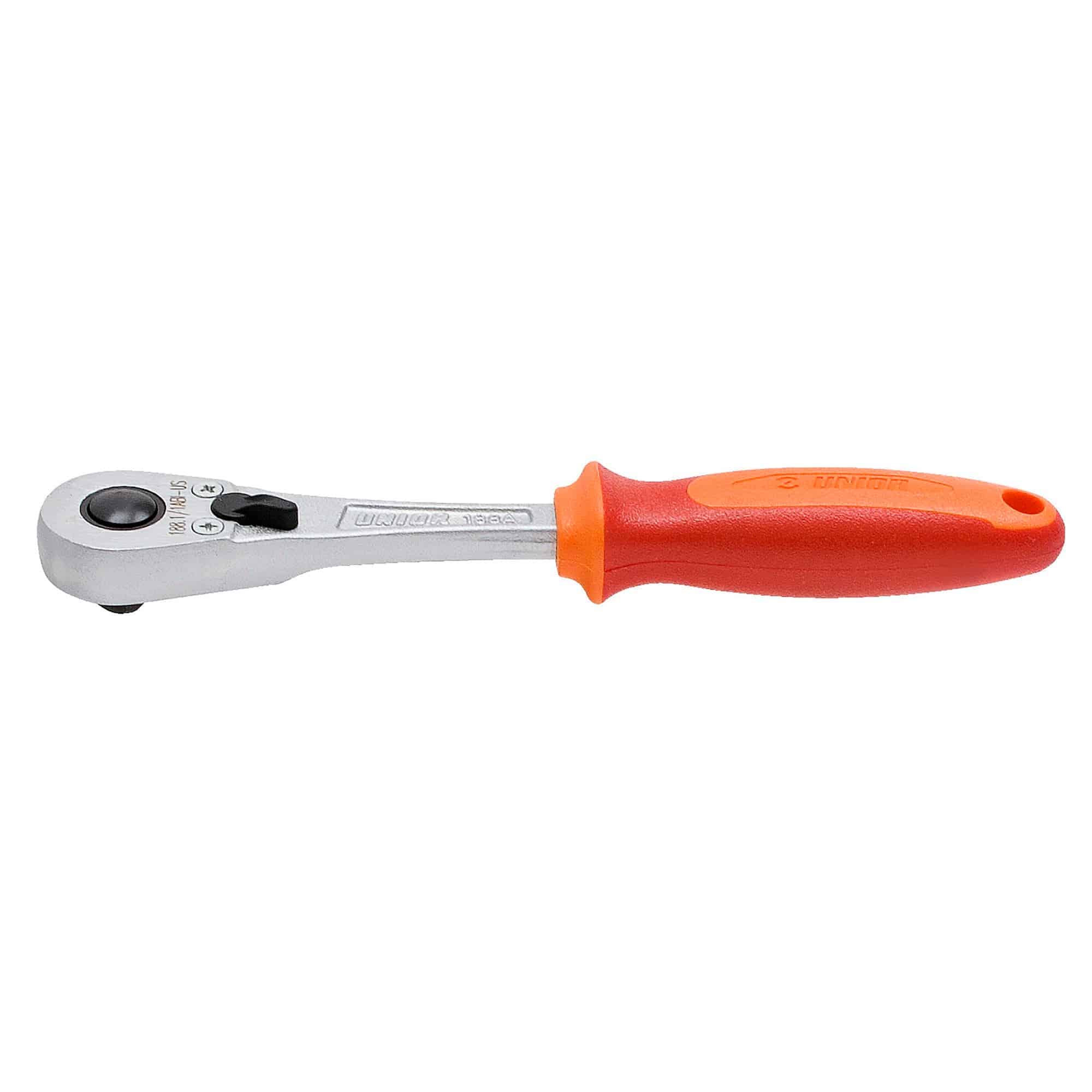 UNIOR reversible 1/4" ratchet workshop tool with safety lock and button release, displayed on a workbench.