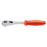 UNIOR reversible 1/4" ratchet workshop tool with safety lock and button release, displayed on a workbench.