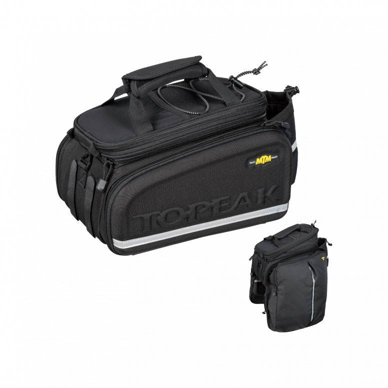 Topeak MTM TrunkBag DXP black bike rack bag with water bottle holder, weather-resistant and expandable for cycling accessories.