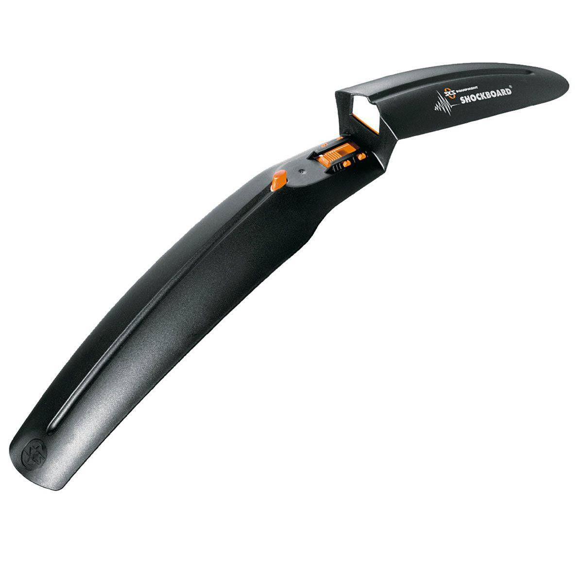 Black SKS Shockboard front mudguard for 26-inch mountain bike suspension fork, designed to protect against mud and debris.