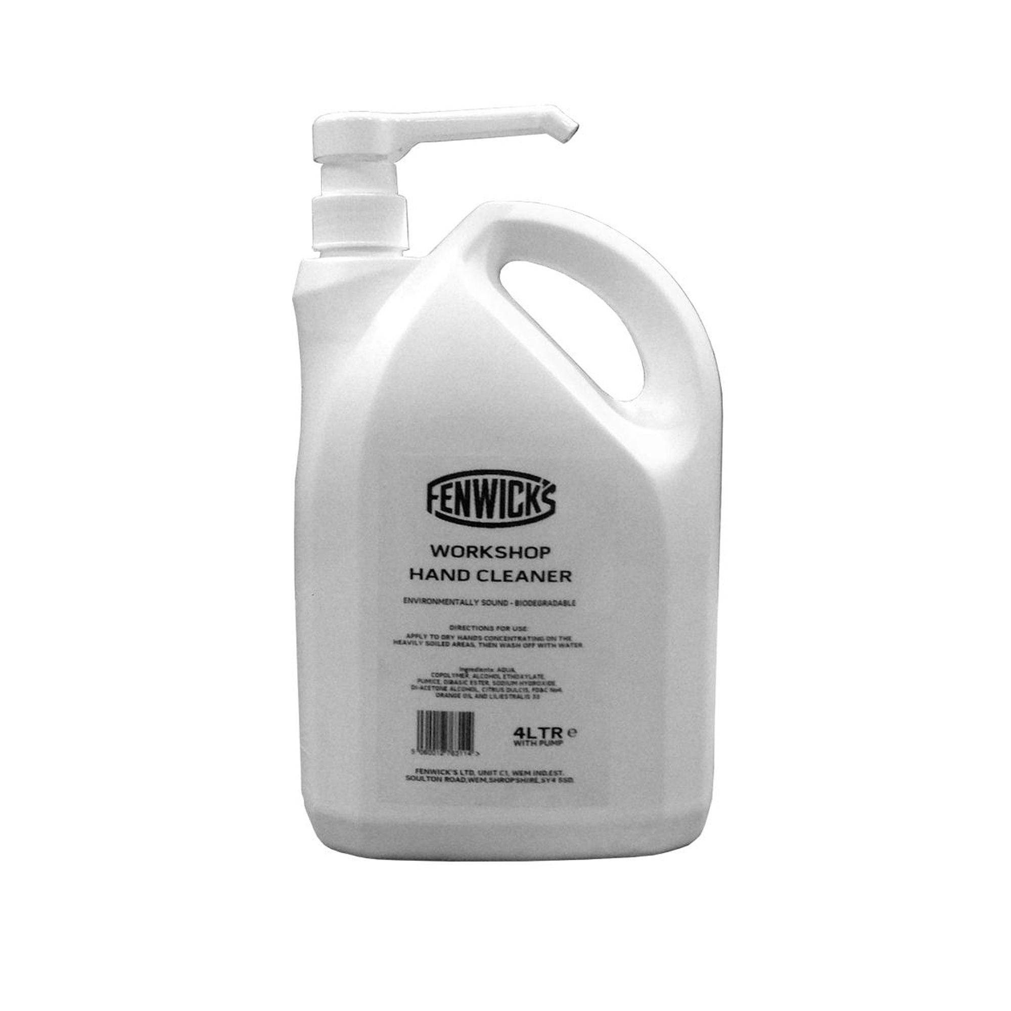 Fenwick's Workshop Hand Cleaner 5L with pump, natural orange scent, heavy-duty grease remover for dirty hands.